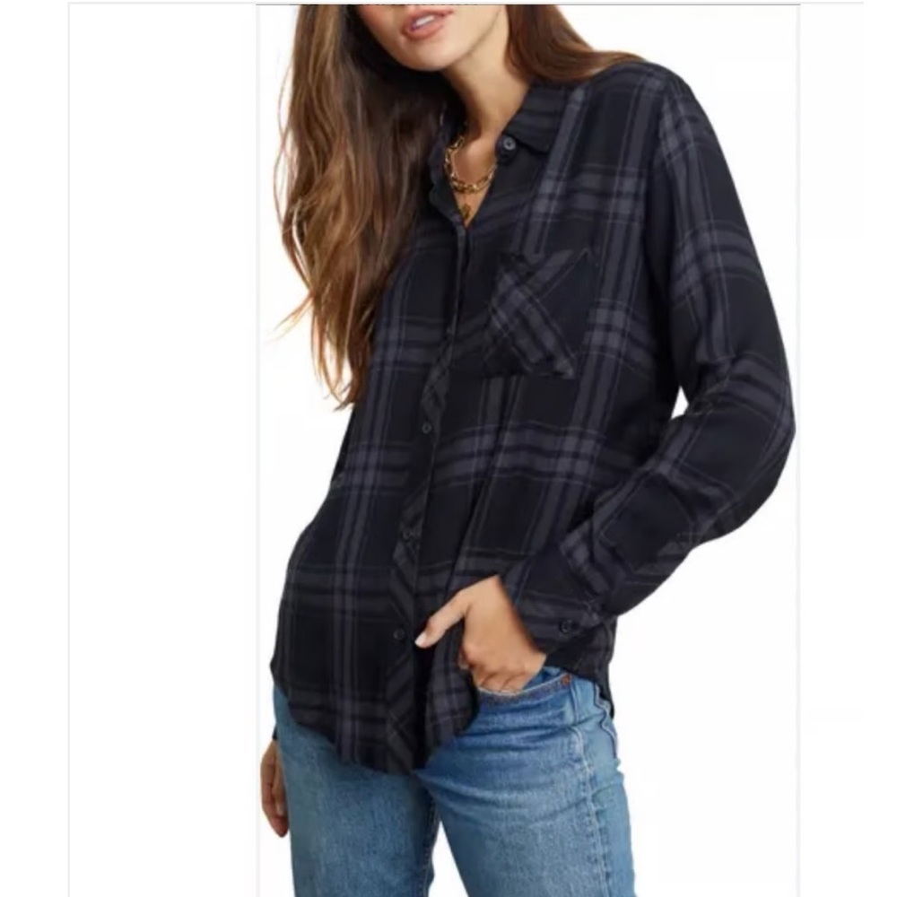 Rails women’s Monroe black raven gray plaid Large collar rayon button up shirt